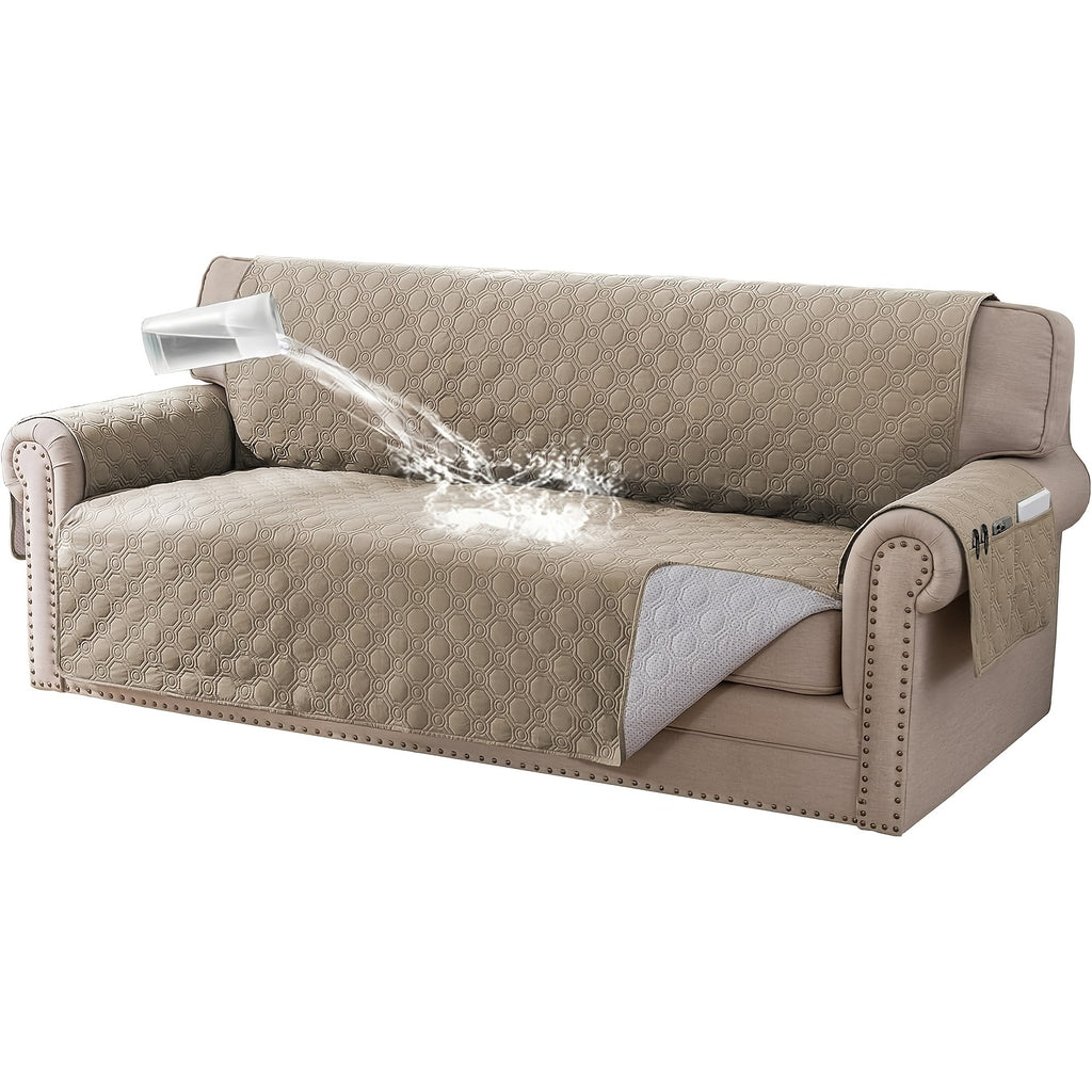 Liquid-Resistant Sofa Cover with Pocket, Geometric Pattern Couch Slipcover Furniture Protector for Pets, Washable Thick Soft 1 2 3 4 Seat Sizes Chair Loveseat Sofa