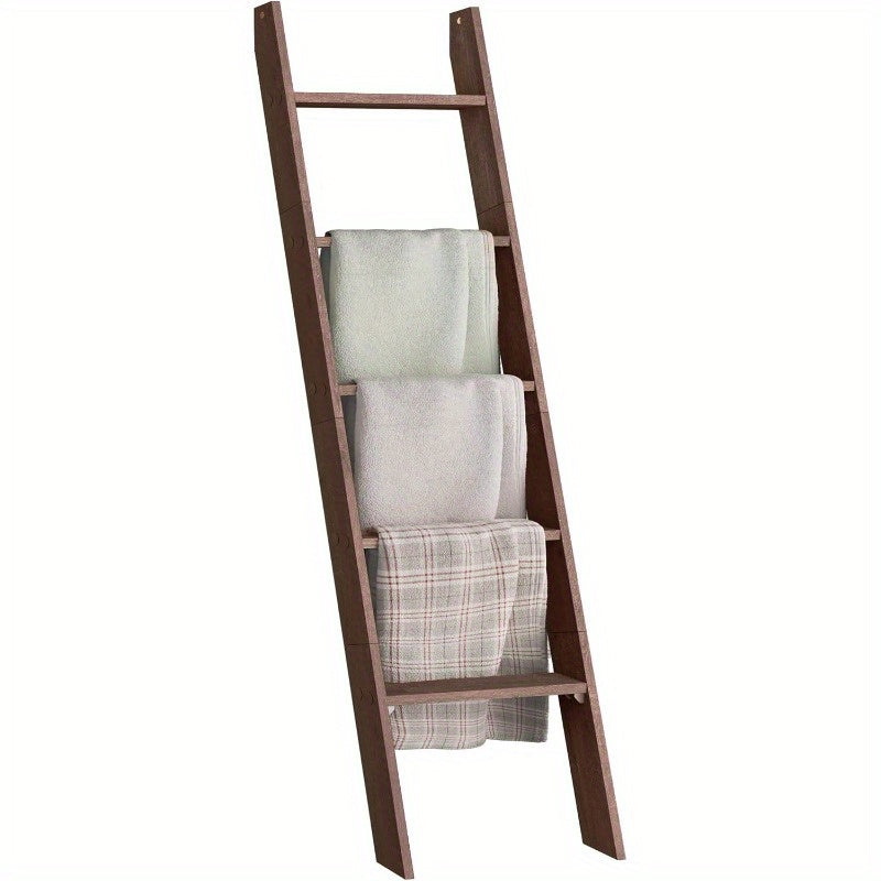 Blanket Ladder 5 Tier Farmhouse Decorative, Wood Ladder Rack for Blankets Towels & Quilts, 2-in-1 Ladder Shelf for Living Room Bedroom Bathroom Storage & Decor, Maroon Brown, Holds 17.6 lbs