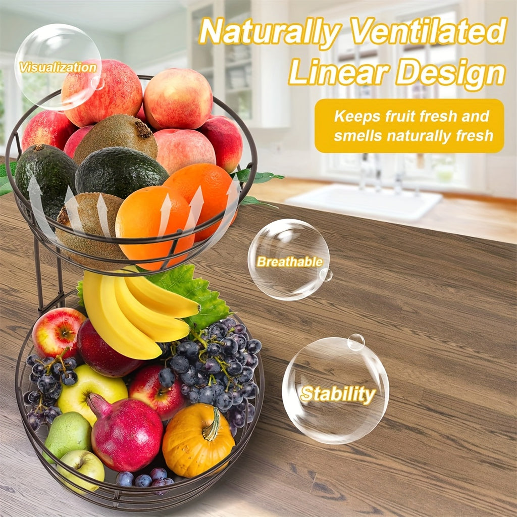2-Tier Countertop Fruit & Vegetable Basket Bowl Rack with Banana Hooks – Space-Saving Kitchen Storage for Fruits, Vegetables, Bread & Snacks