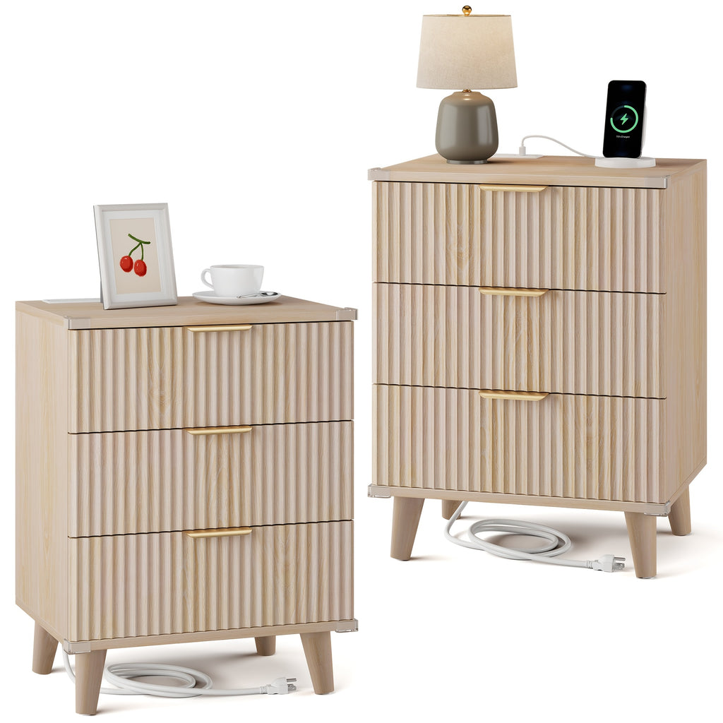 Nightstand with Charging Station – 3-Drawer Bedside Table with 2 USB Ports & 2 AC Outlets, Small Bedroom Side Table | Set of 1 or 2 | Wood, Black, White, Brown
