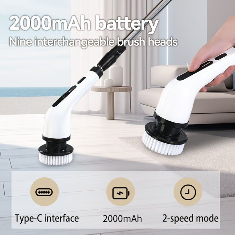 Electric Rotary Scrubber Cordless with 8 Replaceable Brush Heads – Dual Speed USB Rechargeable Power Scrubber, Adjustable Detachable Handle, Swivel Head for Bathroom, Bathtub, Tile, Floor & Shower Cleaning