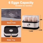 Electric Egg Steamer & Custard Maker 6-Cup Stainless Steel Hard Soft Semi-Boiled Auto Shut-Off Alarm Egg Cooker Black