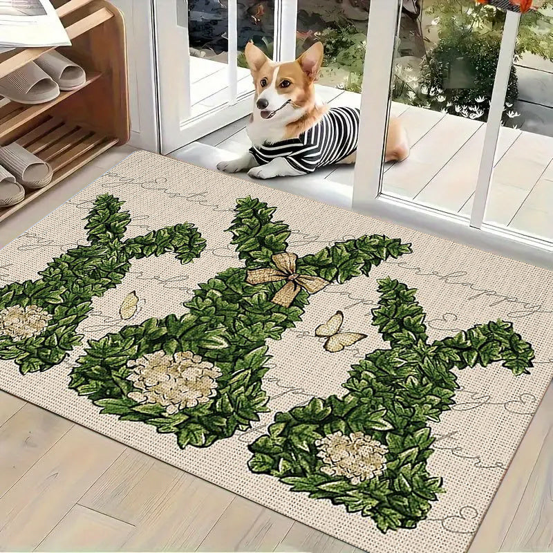 1pc Indoor Entrance Welcome Doormat Outdoor Mat Green Bunny Topiary with Bow and Butterfly Print Pattern Flannel Material Nonslip Comfortable Easy Clean Perfect for Bedroom Living Room or Home Decor Door Mat Ideal Gift for Friends & Family Easter