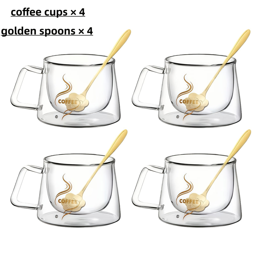 Double Wall Insulated Glass Coffee Cups Set of 4 with Golden Spoons | Transparent Hot Cold Drinkware for Home Office Coffee Shop