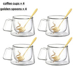 Double Wall Insulated Glass Coffee Cups Set of 4 with Golden Spoons | Transparent Hot Cold Drinkware for Home Office Coffee Shop