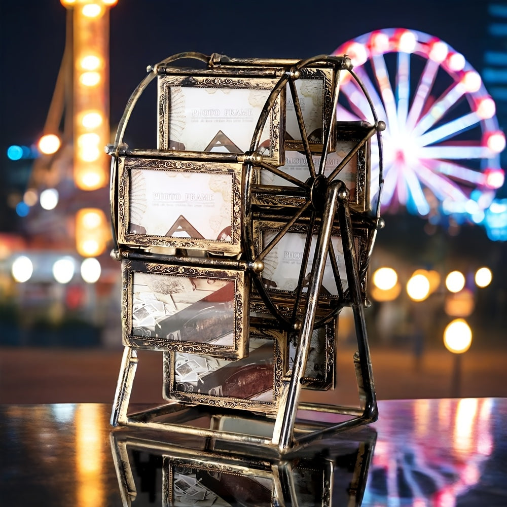 Rotating Ferris Wheel Photo Frame Vintage – 8 Slots for 4-Inch Photos, Spinning Desk Display, ABS Plastic, Unique Gift for Valentine’s Day, Birthday & Christmas, Living Room & Bedroom Decor