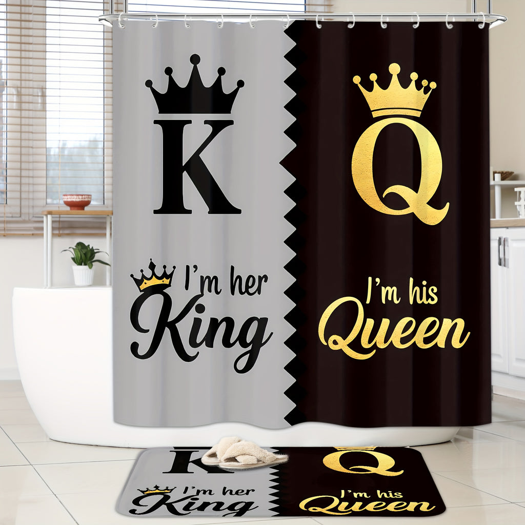 King Queen Shower Curtain Set 4pcs – Bathroom Curtain with 12 Hooks, Non-Slip Rug, Toilet U-Shape Mat & Lid Cover, Modern Bathroom Accessories