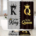 King Queen Shower Curtain Set 4pcs – Bathroom Curtain with 12 Hooks, Non-Slip Rug, Toilet U-Shape Mat & Lid Cover, Modern Bathroom Accessories