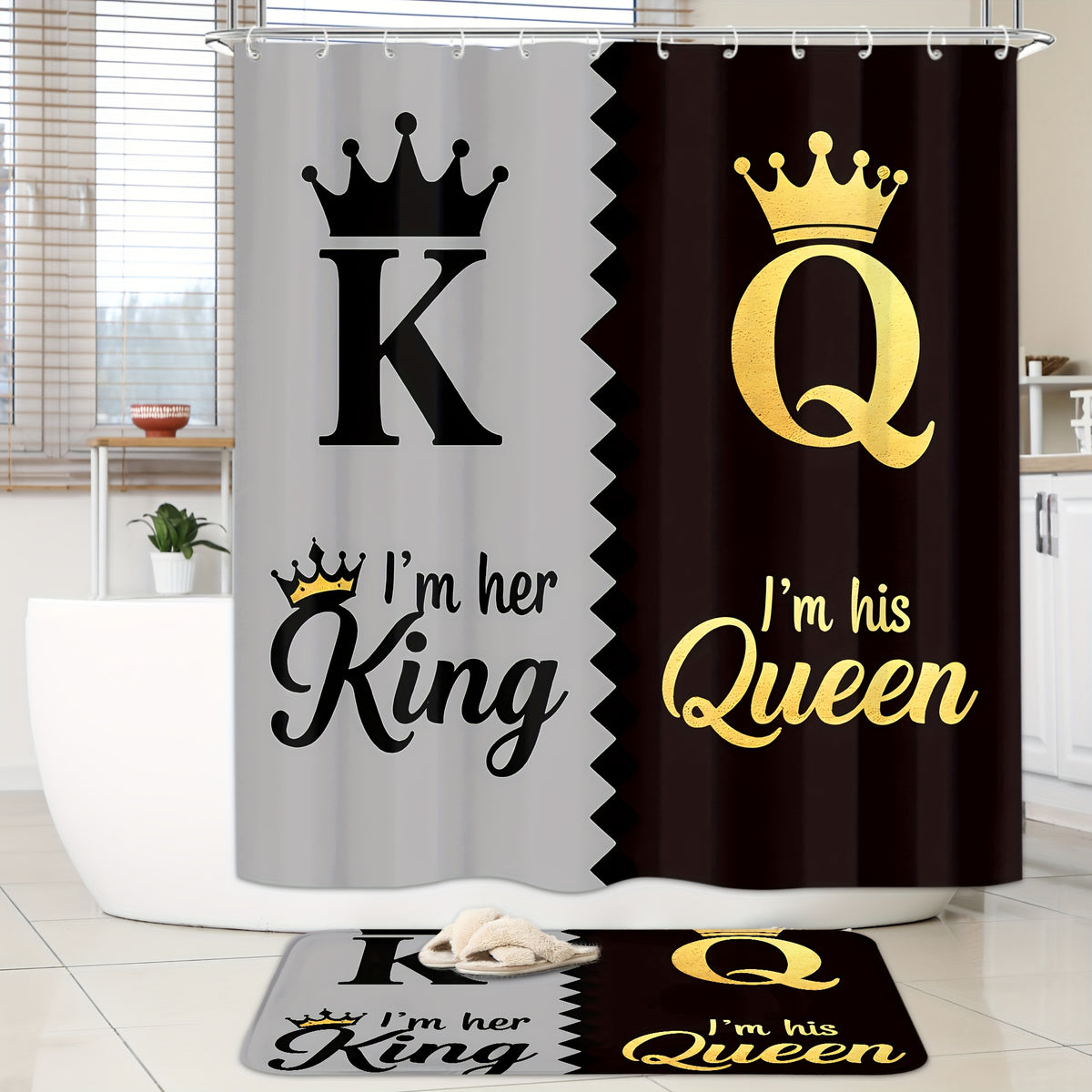 King Queen Shower Curtain Set 4pcs – Bathroom Curtain with 12 Hooks, Non-Slip Rug, Toilet U-Shape Mat & Lid Cover, Modern Bathroom Accessories
