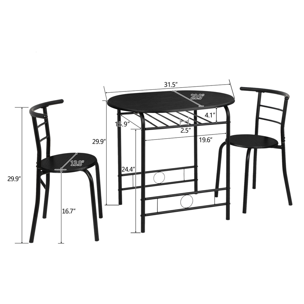 3-Piece Bistro Dining Set Drop Leaf Table and 2 Chairs Space Saving Kitchen Table Set for 2 with Wine Rack Metal Frame for Small Space Apartment Breakfast Nook