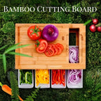 Bamboo Cutting Board with Food Container, Cheese Shredder & Juice Tank – All-in-One Wooden Carving Board for Vegetables, Meat & Cheese – Easy Grip Handle, Kitchen Prep Board