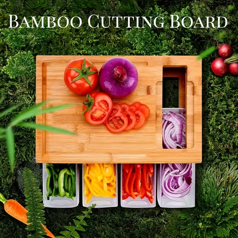 Bamboo Cutting Board with Food Container, Cheese Shredder & Juice Tank – All-in-One Wooden Carving Board for Vegetables, Meat & Cheese – Easy Grip Handle, Kitchen Prep Board