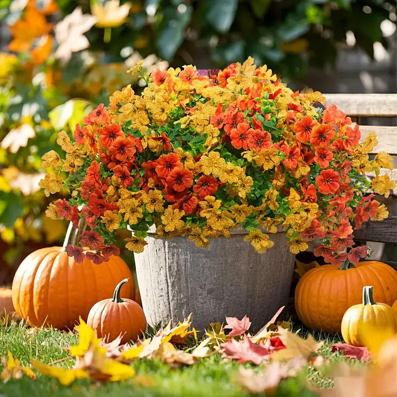 8-Pack Artificial Autumn Chrysanthemum Bouquets – UV-Resistant Non-Fading Faux Orange Fall Flowers for Home, Porch, Garden & Wedding Decor, Indoor Outdoor All-Season Decoration
