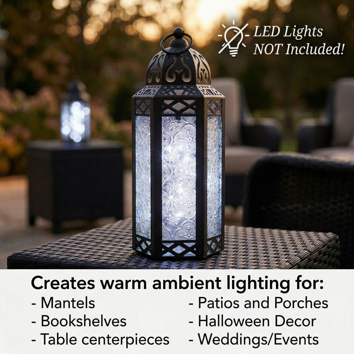 Moroccan Candle Lantern Holder Medium 10.5 Inch – Handcrafted Glass Iron Metal Lantern with Embossed Floral Panels, 17 Colors, Indoor Outdoor Use for Ramadan, Wedding, Patio, Diwali & Home Decor