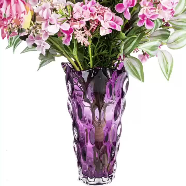 Handmade Purple Crystal Glass Vase – Irregular Striped Decorative Flower Arrangement Vase for Living Room, Office, Desktop, Wedding & Party, Luxury Home Ornament