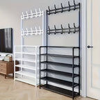 5-Tier Metal Coat Rack with 10 Double Hooks and Shoe Rack – Freestanding Entryway Hall Tree, Space-Saving Clothes Hanger Stand for Hallway, Living Room, Bedroom, Bathroom | Black