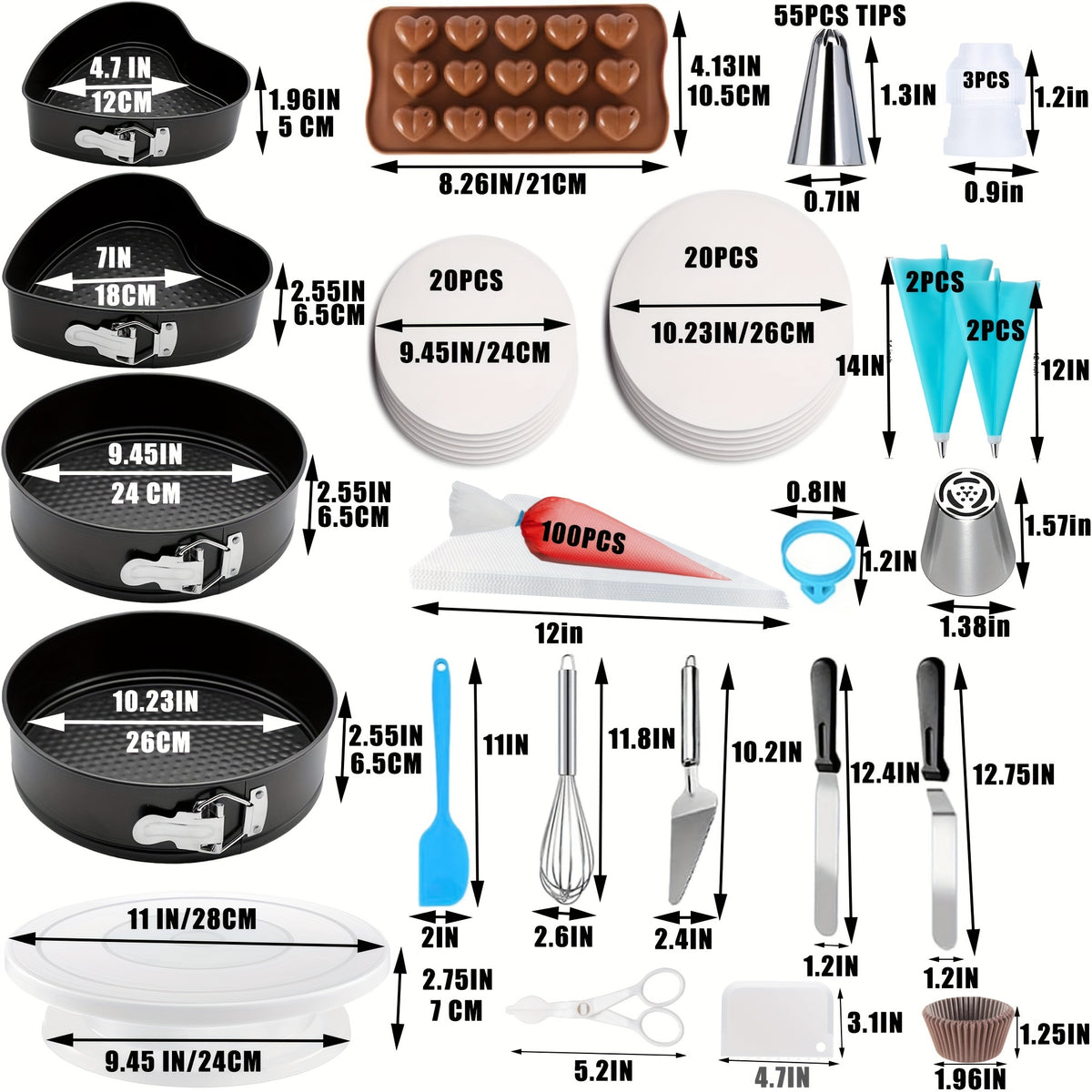 540PCS Cake Decorating Kit with 4 Springform Pans, Rotating Turntable & 55 Icing Tips – Complete Baking Supplies Set with Piping Bags, Fondant Tools & Cupcake Liners for Beginners