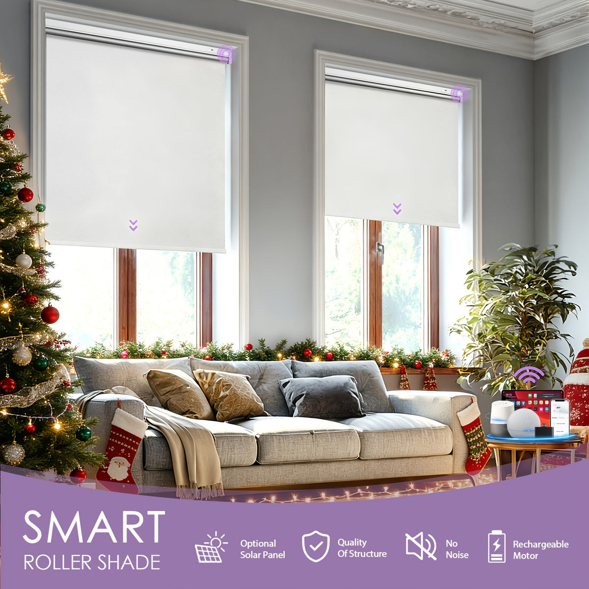 Solar Powered Electric Roller Blind Remote Controlled Blackout Shade | Smart Motorized Window Blind Silver-Back Polyester for Home Office, 20 Width Options, White Grey Black