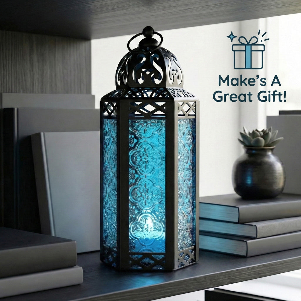Moroccan Candle Lantern Holder Medium 10.5 Inch – Handcrafted Glass Iron Metal Lantern with Embossed Floral Panels, 17 Colors, Indoor Outdoor Use for Ramadan, Wedding, Patio, Diwali & Home Decor
