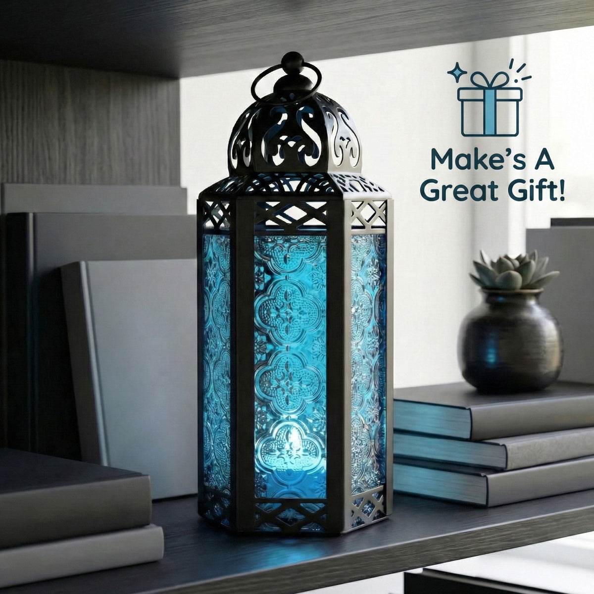 Moroccan Candle Lantern Holder Medium 10.5 Inch – Handcrafted Glass Iron Metal Lantern with Embossed Floral Panels, 17 Colors, Indoor Outdoor Use for Ramadan, Wedding, Patio, Diwali & Home Decor