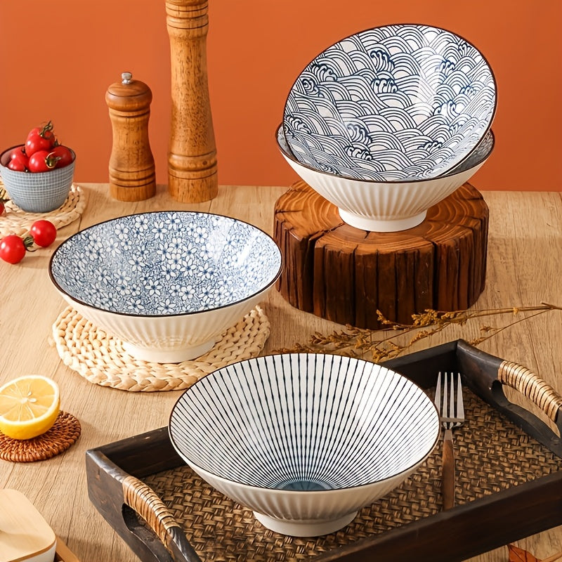 Japanese Ramen Bowls Set of 2 or 4 Ceramic Blue White Leaf Pattern 8 Inch 32oz Noodle Soup Bowl for Pho Ramen Pasta Cereal