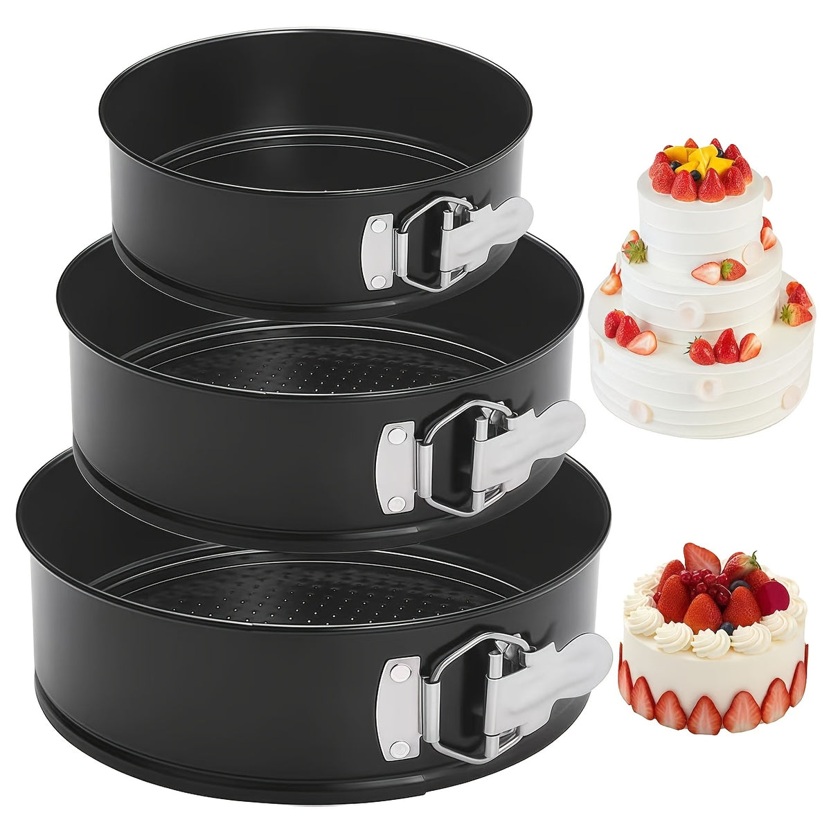 Non-Stick Springform Cake Pan Set - Carbon Steel Round & Heart-Shaped Baking Pans with Removable Bottom, Easy-Release, 3pc or 6pc Set, Black