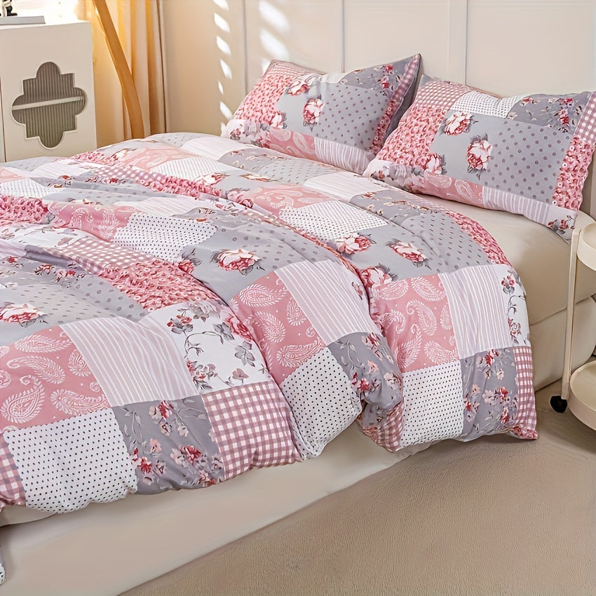 Floral Print Duvet Cover Set 3pcs – Soft Breathable Splicing Floral Light Pink, Zip Closure, Machine Washable, 1 Duvet Cover + 2 Pillowcases, Twin to King, All-Season Bedding