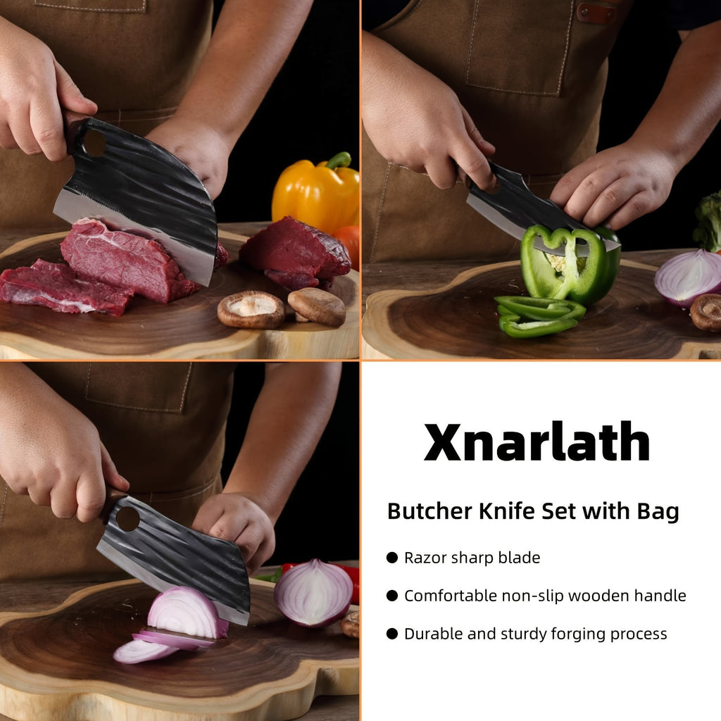 Viking-Inspired Hand-Forged Butcher Knife Set with Carrying Case - High Carbon Steel Cleaver Boning and Vegetable Knife Set for BBQ Camping and Meat Preparation
