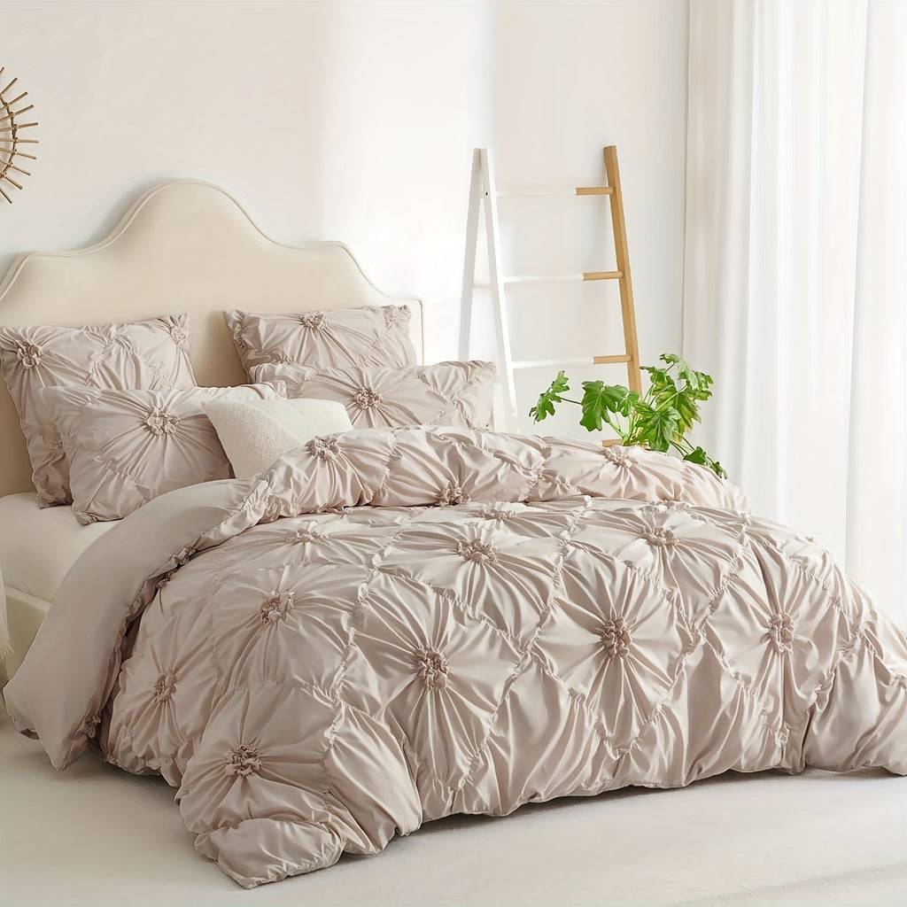 Boho Duvet Cover Set Queen King Twin Full - 3D Stereoscopic Floral Rhomboid Plaid Texture, Soft Breathable 3-Piece Bedding with Pillowcases, All-Season Bedroom Decor, White Camel Milk Coffee