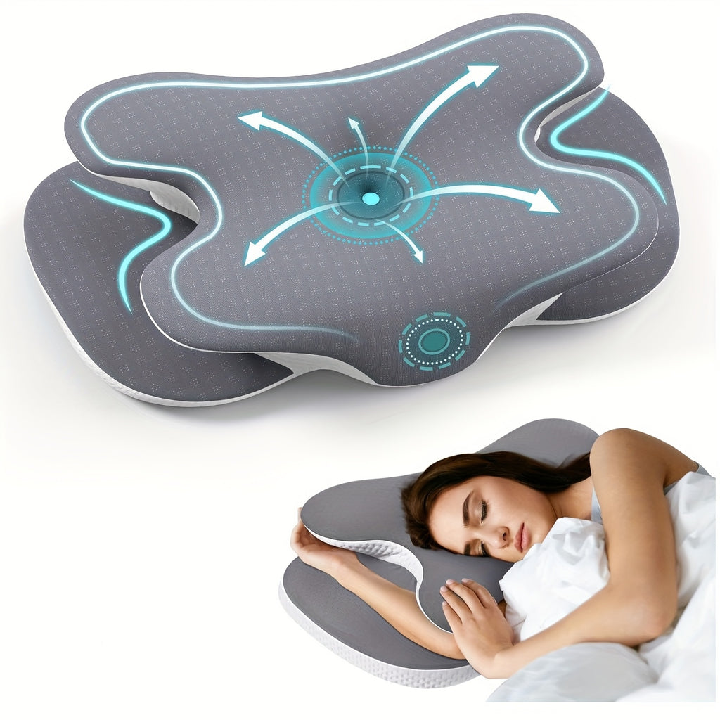 Ergonomic Cervical Memory Foam Pillow – Contour Support with Cooling Silk Cover | White & Gray