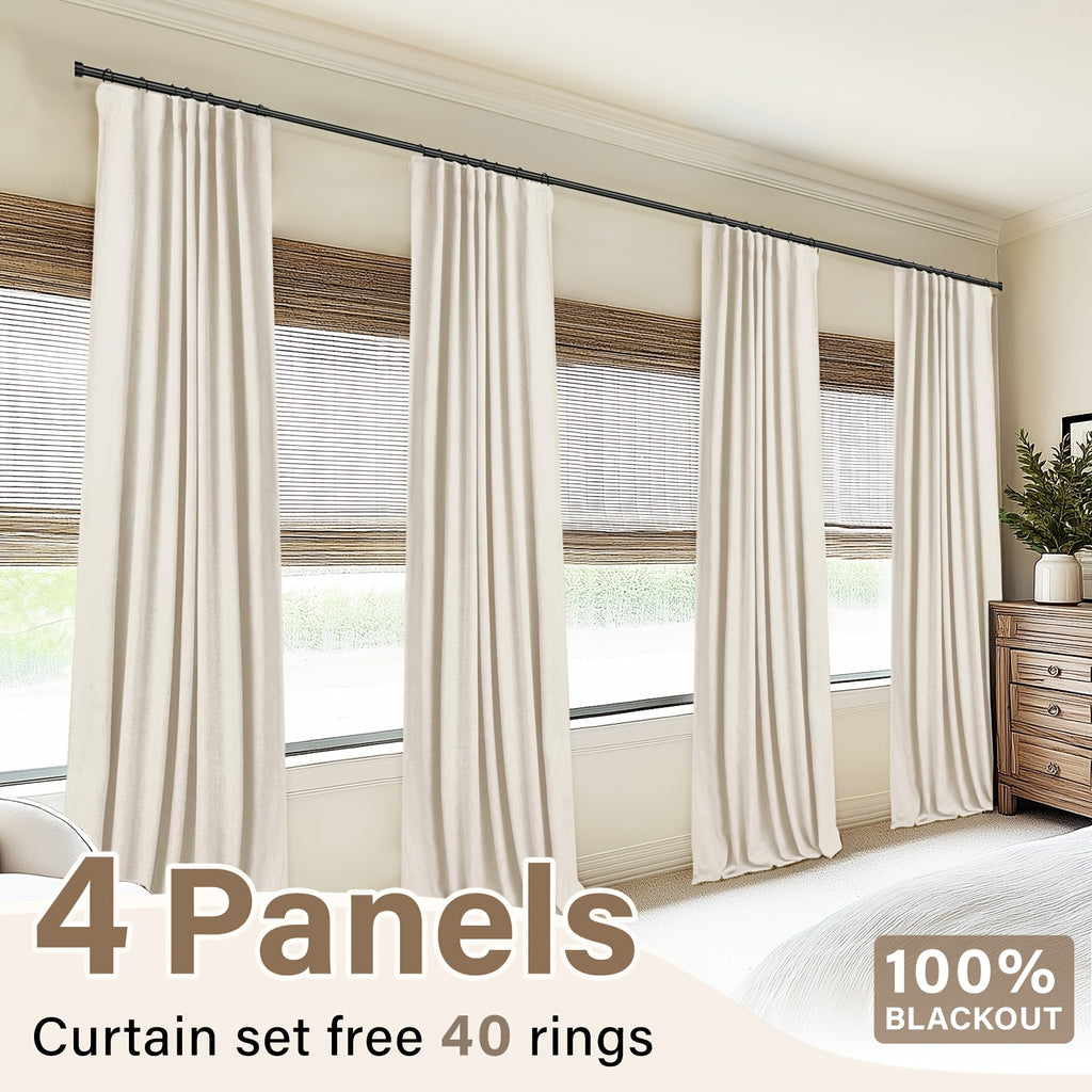 100% Blackout Faux Linen Curtains 4 Panels - Thermal Insulated Drapes with Clip Rings or Rod Pocket, Extra Wide 50" Panels for Bedroom Living Room, 10 Colors 4 Lengths
