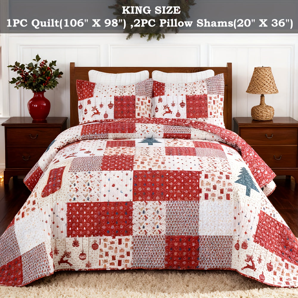 Christmas Quilt Set Queen King 3 Piece – Rustic Lodge Deer Snowman Snowflake Holiday Bedding Ensemble, Quilted Bedspread Coverlet with Pillow Shams, Machine Washable Lightweight Comforter