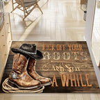 Western Cowboy Boot Doormat Indoor Outdoor Farmhouse Welcome Mat | "Take Off Your Boots" Rustic Ranch Entrance Rug for Front Door Porch Mudroom – Durable Polyester, Easy Clean, 20x30 & 24x36 Inch