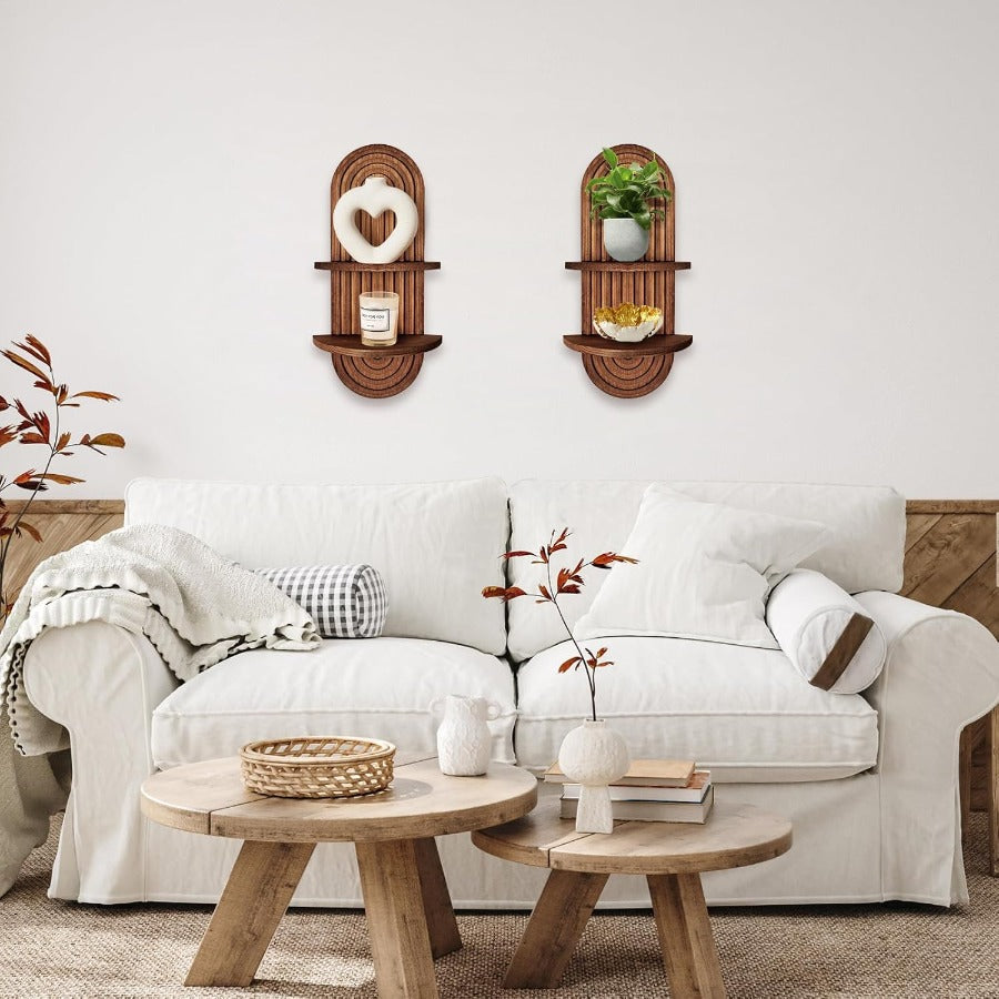 Boho Farmhouse Wood Floating Wall Shelves – 2-Layer Arc Design Wall-Mounted Storage Rack for Books, Plants & Decor in Bedroom, Bathroom, Kitchen & Living Room