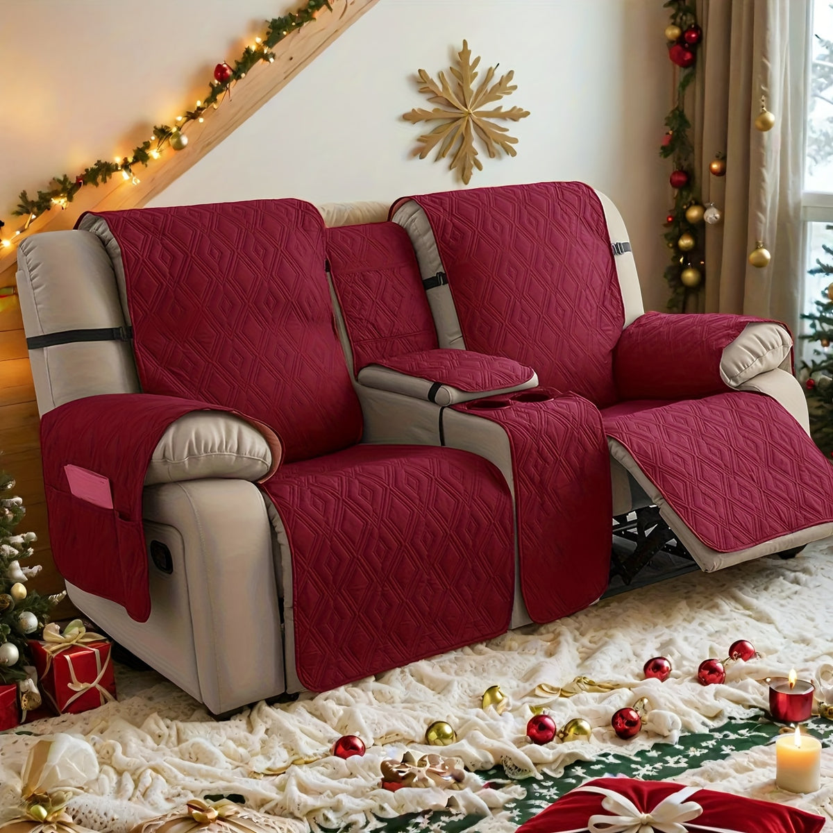 Loveseat Recliner Cover with Center Console – 4-Piece Set 100% Waterproof Dual Recliner Slipcover with Straps, Split Reclining Sofa Protector for Pets & Kids, Living Room Furniture Cover