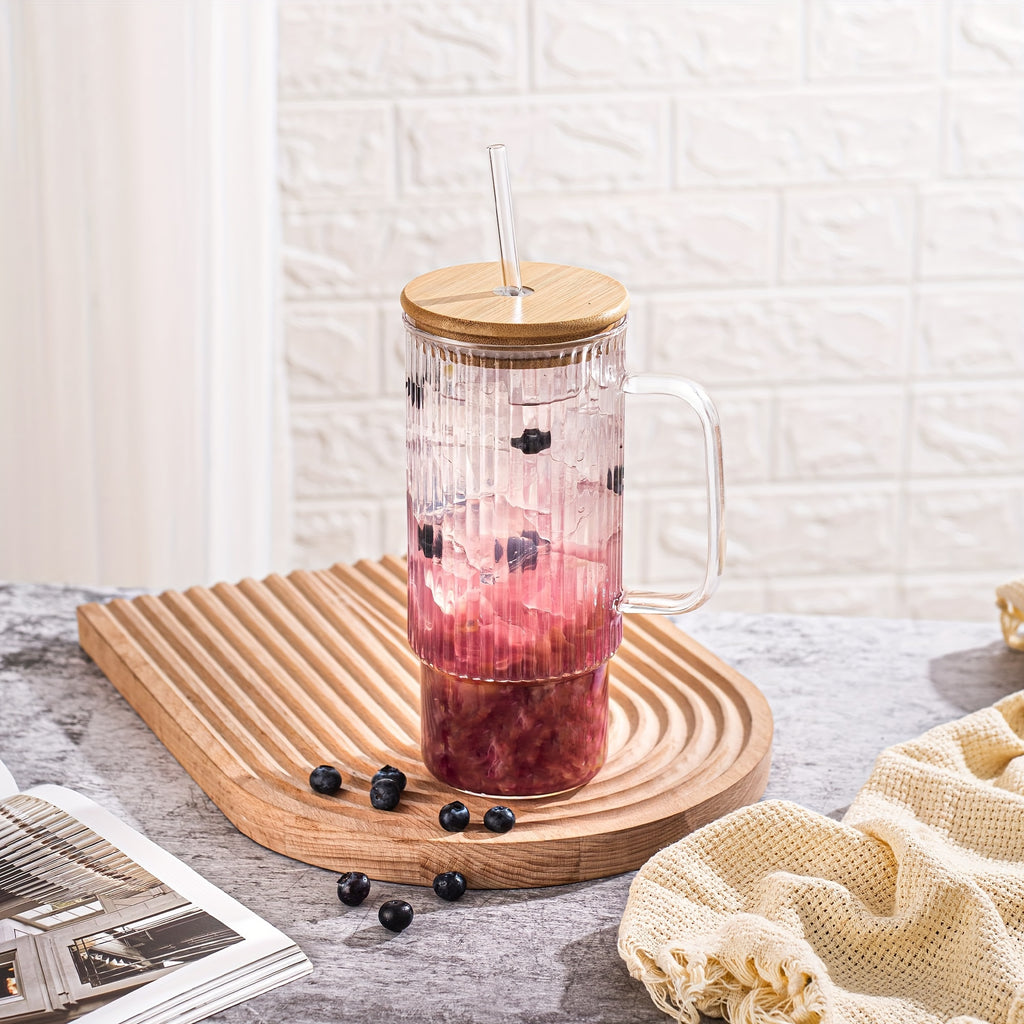 32oz Ribbed Glass Cup with Handle, Bamboo Lid & Straw – Large Clear Glass Tumbler for Iced Coffee, Hot & Cold Drinks – Aesthetic Glassware for Home & Office