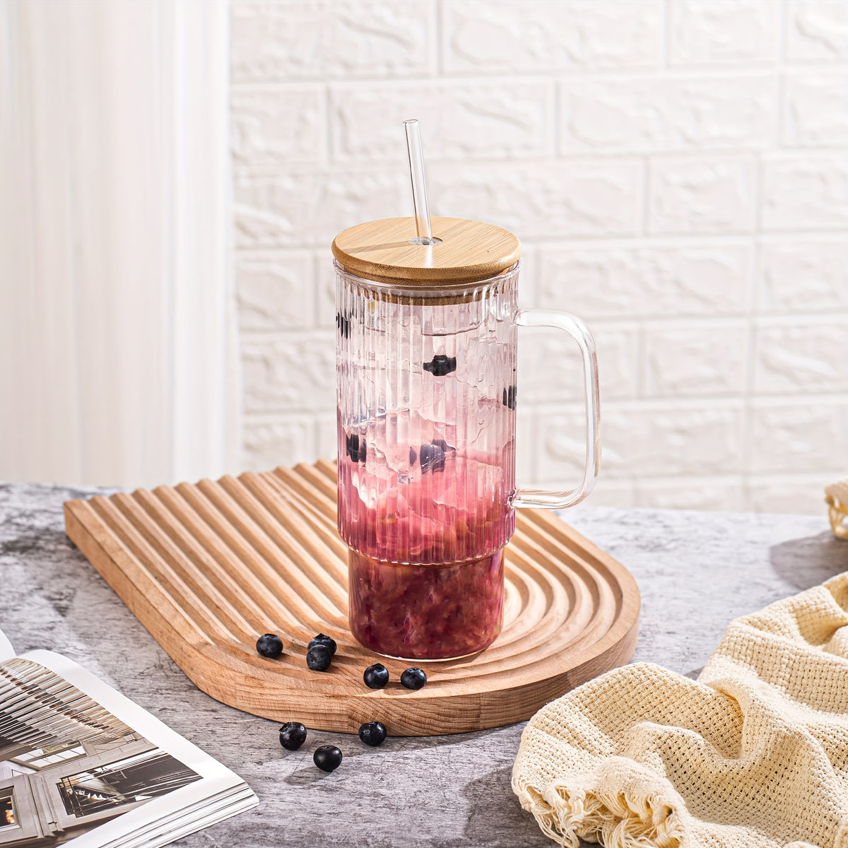 32oz Ribbed Glass Cup with Handle, Bamboo Lid & Straw – Large Clear Glass Tumbler for Iced Coffee, Hot & Cold Drinks – Aesthetic Glassware for Home & Office