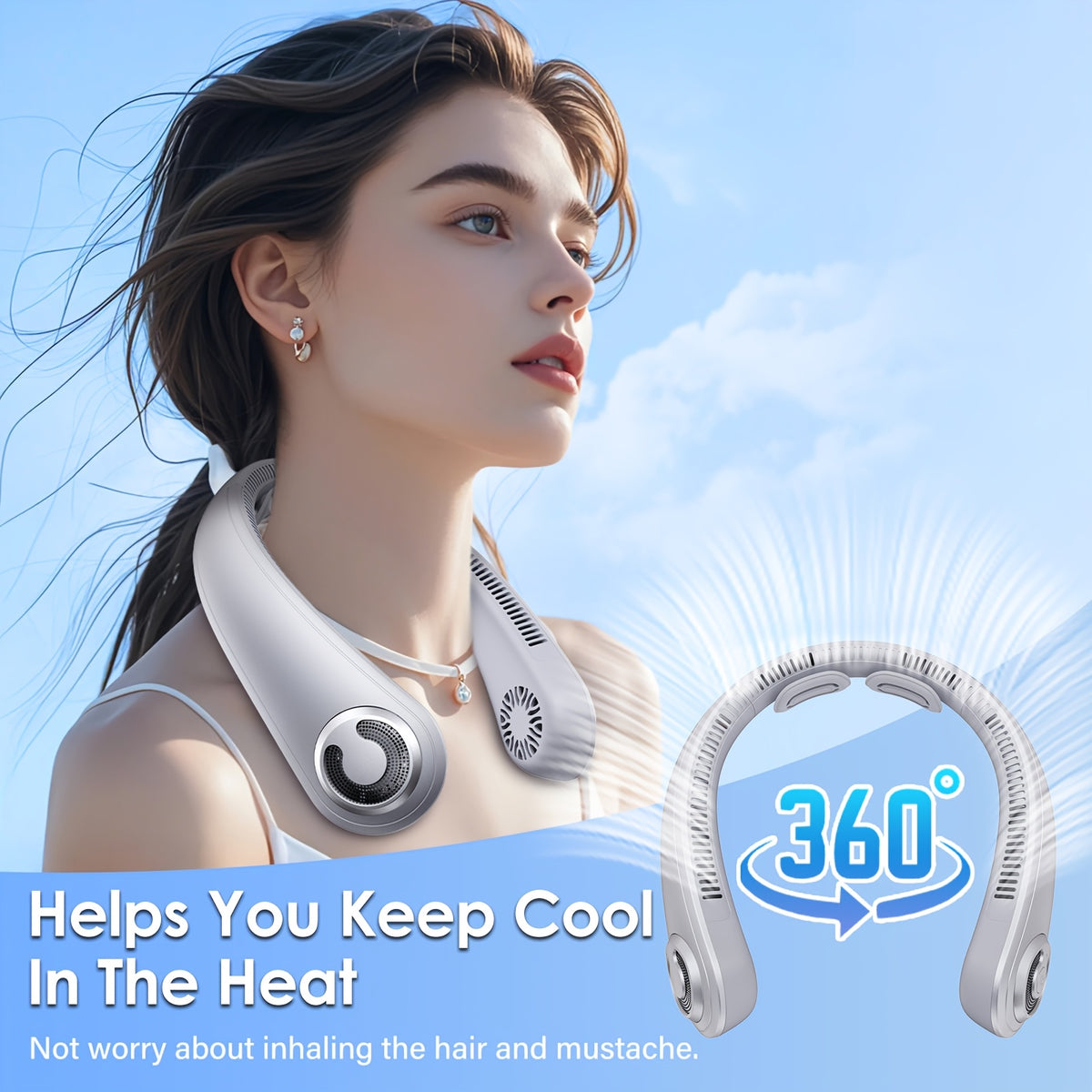 Neck Fan 5-Speed Bladeless Quiet 360 Airflow Rechargeable Personal Cooling Wearable Fan for Hot Flashes Travel Camping Amusement Park Home Office Outdoor Gift for Women Men Dark Blue