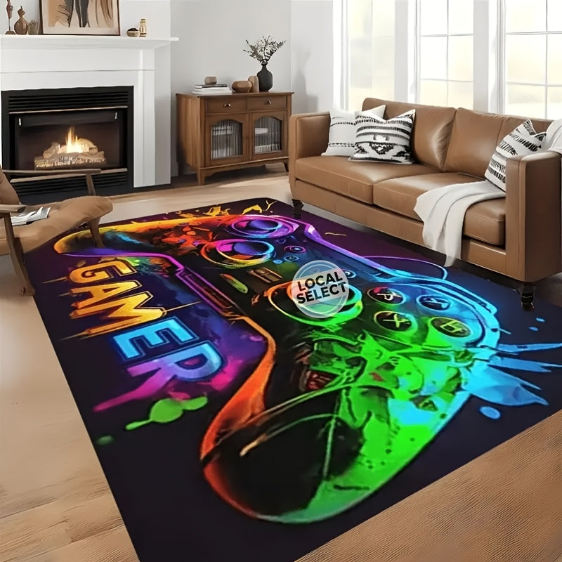 Large Gaming Area Mat Cyberpunk Controller Design - Non-Slip Game Room Rug for Teen Boys, PC Console & Streaming Setup, Easy Clean Durable Polyester Gamer Decor in 2 Sizes