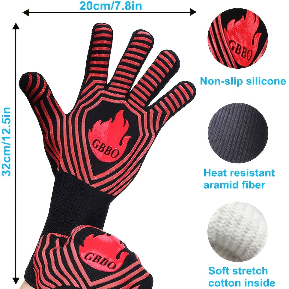 Heat-Resistant Silicone BBQ Grilling Gloves – Food-Safe Heat-Insulating Glove Set for Indoor & Outdoor Grilling, Barbecuing, Baking & Cooking, Red and Black