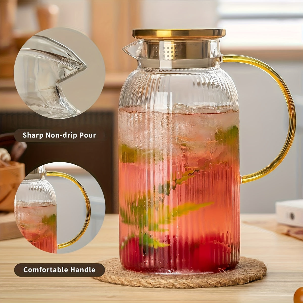 Glass Water Bottle Set of 2 68oz 2 Liter with Lid Vertical Stripe Heat Resistant Glass Water Jug for Cold Brew Coffee Lemonade Iced Tea Milk Beverages