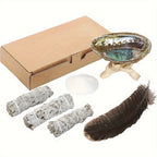 White Sage Smudge Kit 6-Piece Complete Altar Set – 4" Sage Sticks, Abalone Shell, Carved Cobra Tripod Stand, Turkey Feather, White Sand & Blessing Card for Cleansing & Meditation