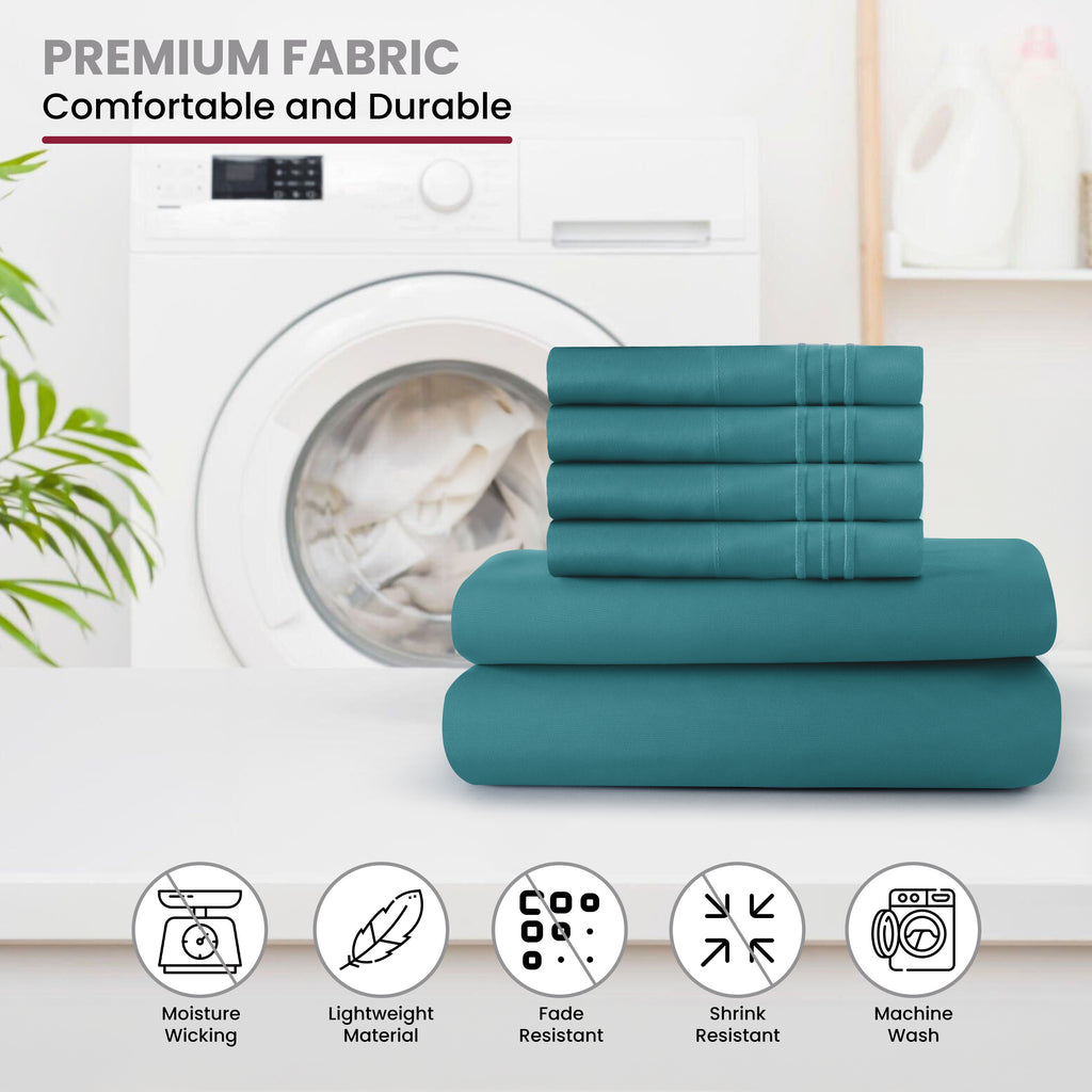 Brushed Microfiber Bed Sheet Set 6 Piece with Embroidered Pillowcases - Hotel Luxury Deep Pocket 16 Inch, Soft Breathable All Season, 24 Colors, Twin Twin XL Full Queen King Cal King