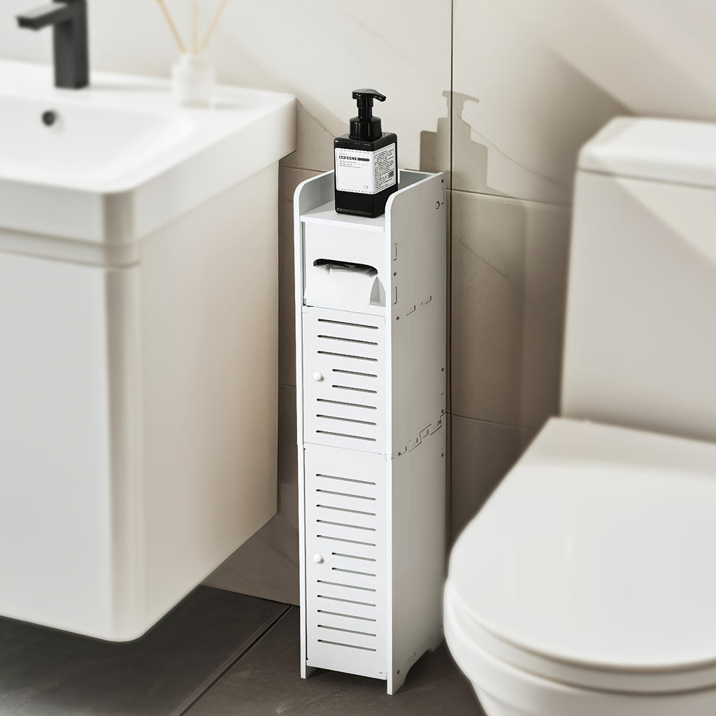 Slim Bathroom Storage Cabinet PVC Organizer with Toilet Paper Holder for Tight Spaces Bathroom Bedroom Living Room Easy Assemble Compact White