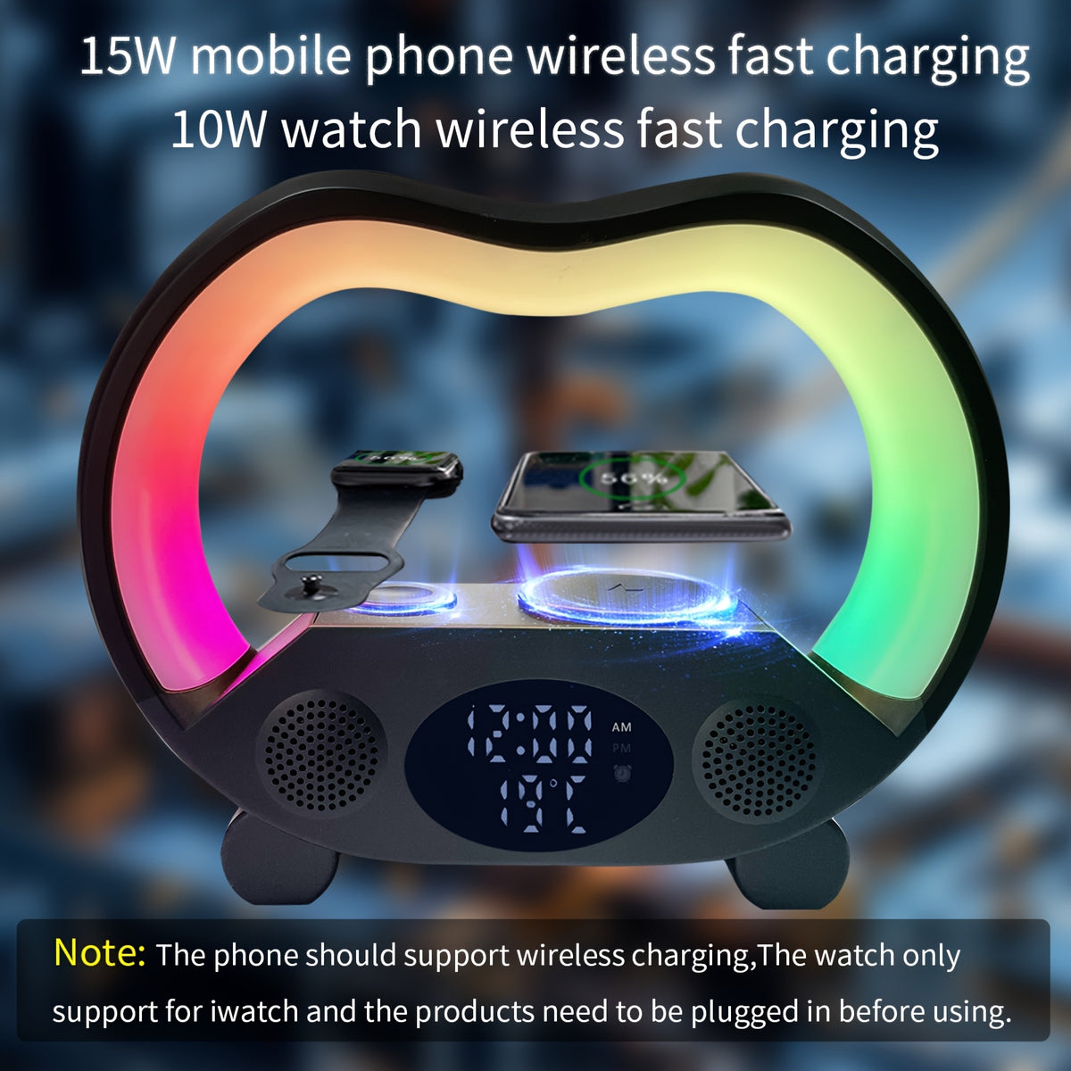 RGB Night Light 6 in 1 Wireless Speaker Alarm Clock Wireless Charging Phone Watch Temperature Display Bedroom Teen Gift Halloween Christmas Decor Black White