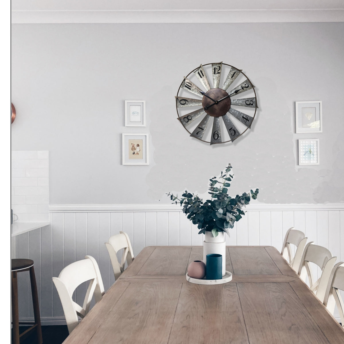 24 Inch Large Farmhouse Wall Clock with 3D Windmill Blades – Vintage Galvanized Metal Analog Clock, Battery Operated Quiet Movement, Home Decor for Living Room, Kitchen, Bedroom & Porch