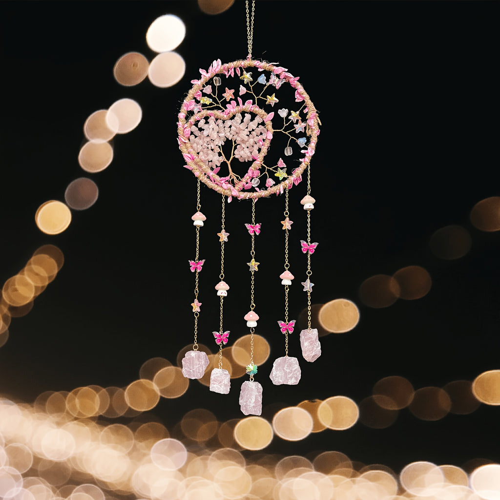 Bohemian Crystal Wall Hanging Decoration – Handmade Stone Beads, Colorful Gemstones, Heart & Circular Crystal Pendant Wind Chime – Boho Wall Decor Gift for Christmas, Mother’s Day & Thanksgiving