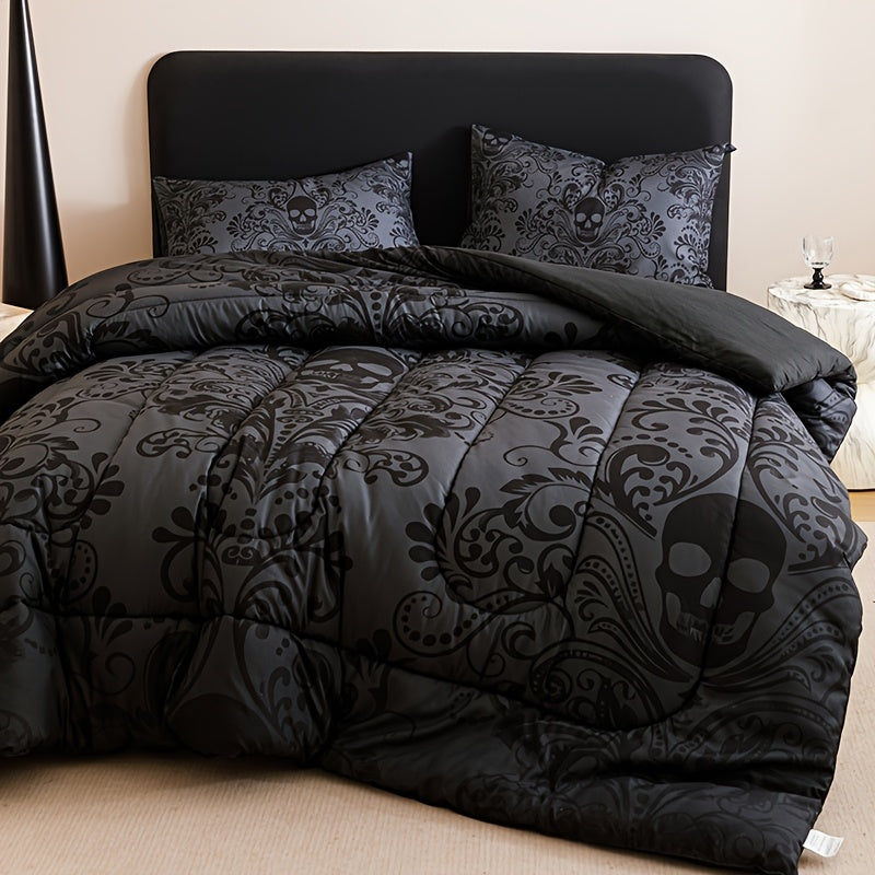 Skull Quilt Set 3 Pcs – Black & Gray Digital Print Comforter with 2 Pillowcases, 180GSM Soft Breathable Bedding for Twin Full Queen King Dorm & Bedroom Decor