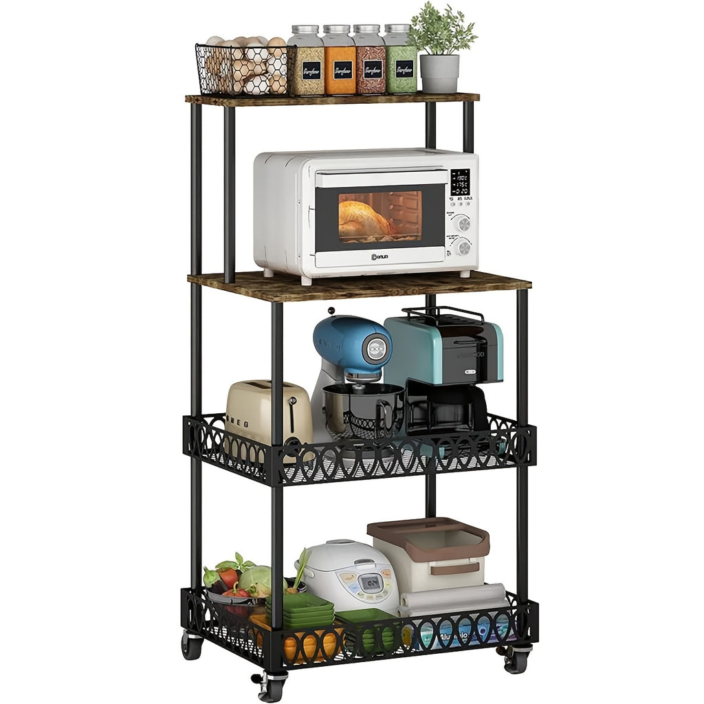 4-Tier Kitchen Microwave Oven Stand with Wheels – Vertical Baking & Bread Storage Rack for Kitchen & Dining Room | Rolling Floor-Standing Shelving