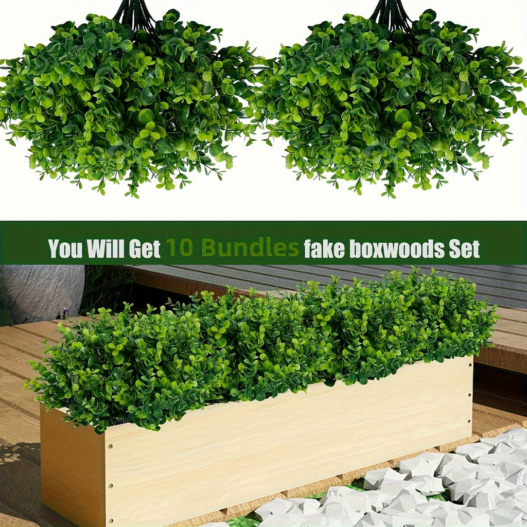 Artificial Boxwood Shrubs 10 Bundles UV Resistant – Realistic Faux Hedge Greenery for Garden, Patio, Backyard, Home & Office – Low Maintenance Boxwood Stems for Weddings & Outdoor Decor